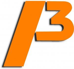 A orange letter p with the number 3 in it.